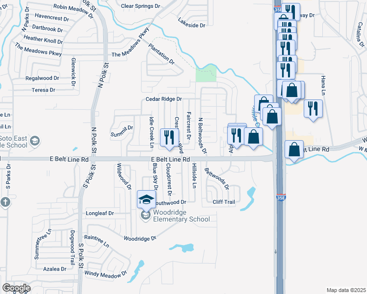 map of restaurants, bars, coffee shops, grocery stores, and more near 100 Faircrest Dr in DeSoto