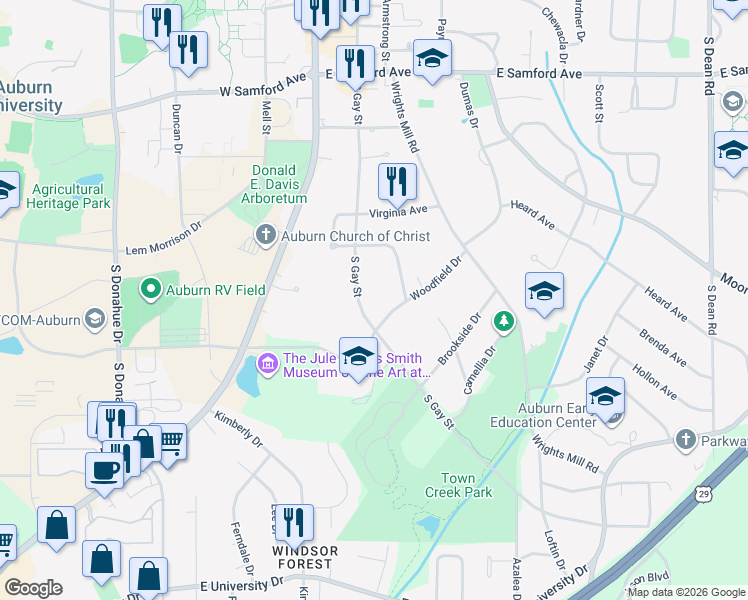 map of restaurants, bars, coffee shops, grocery stores, and more near 815 South Gay Street in Auburn