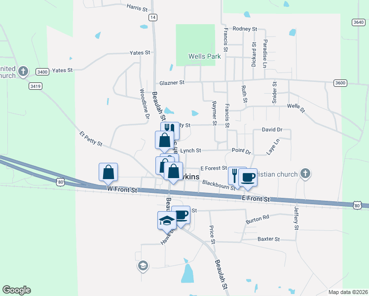 map of restaurants, bars, coffee shops, grocery stores, and more near 206 Lynch Street in Hawkins