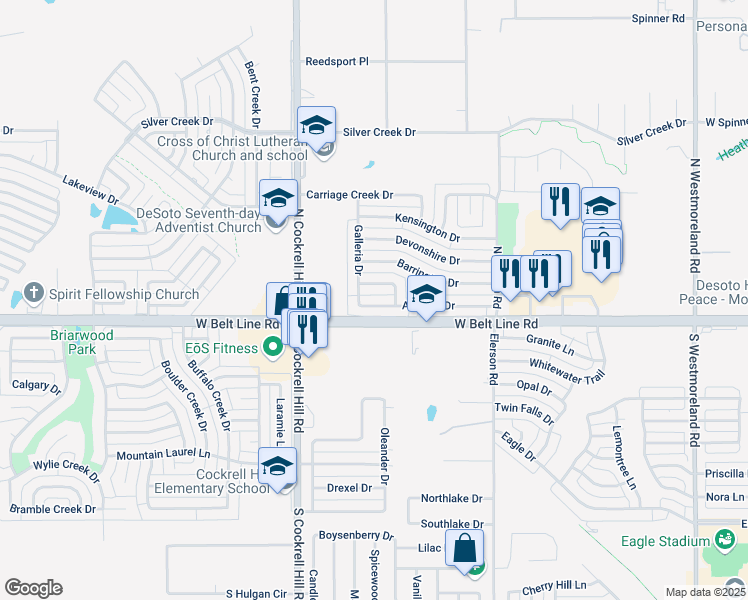 map of restaurants, bars, coffee shops, grocery stores, and more near 1223 Ashford Drive in DeSoto