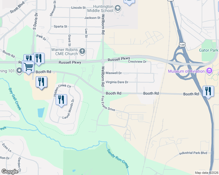 map of restaurants, bars, coffee shops, grocery stores, and more near 108 Virginia Dare Drive in Warner Robins