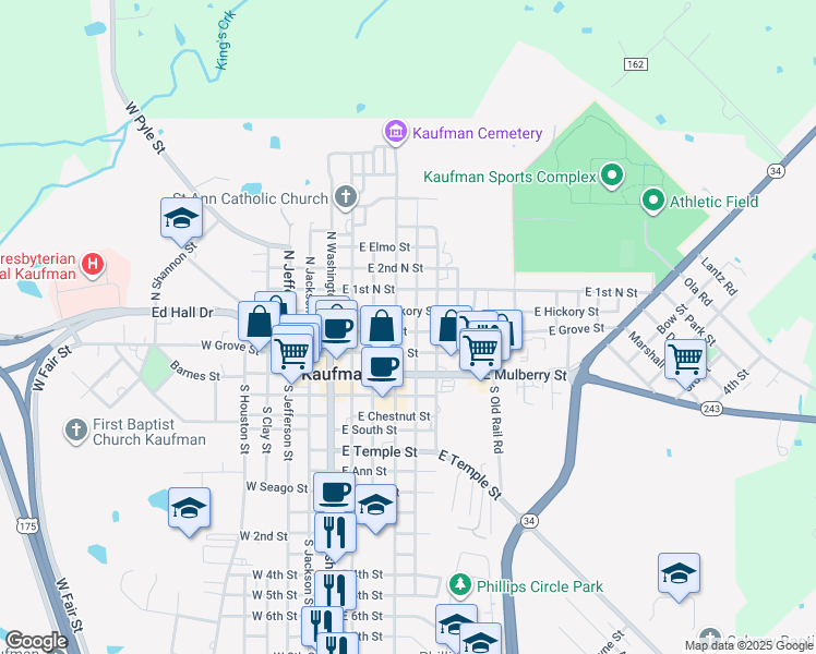 map of restaurants, bars, coffee shops, grocery stores, and more near 405 East Oak Street in Kaufman
