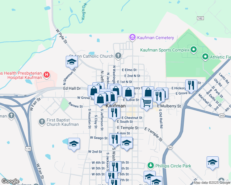 map of restaurants, bars, coffee shops, grocery stores, and more near in Kaufman