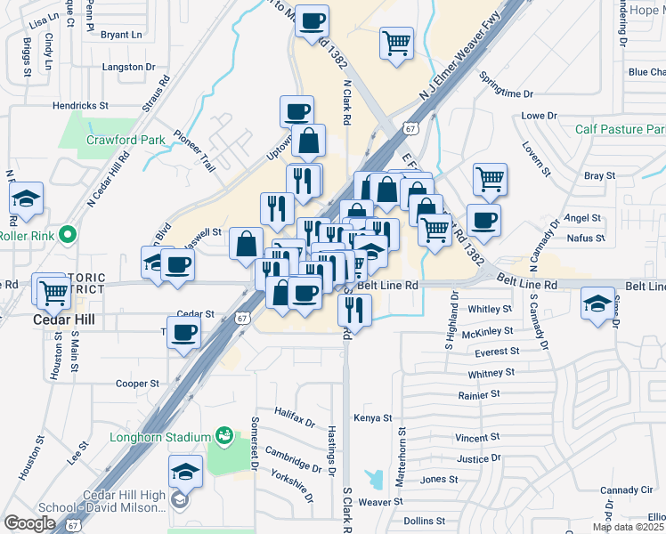 map of restaurants, bars, coffee shops, grocery stores, and more near 115 West Belt Line Road in Cedar Hill