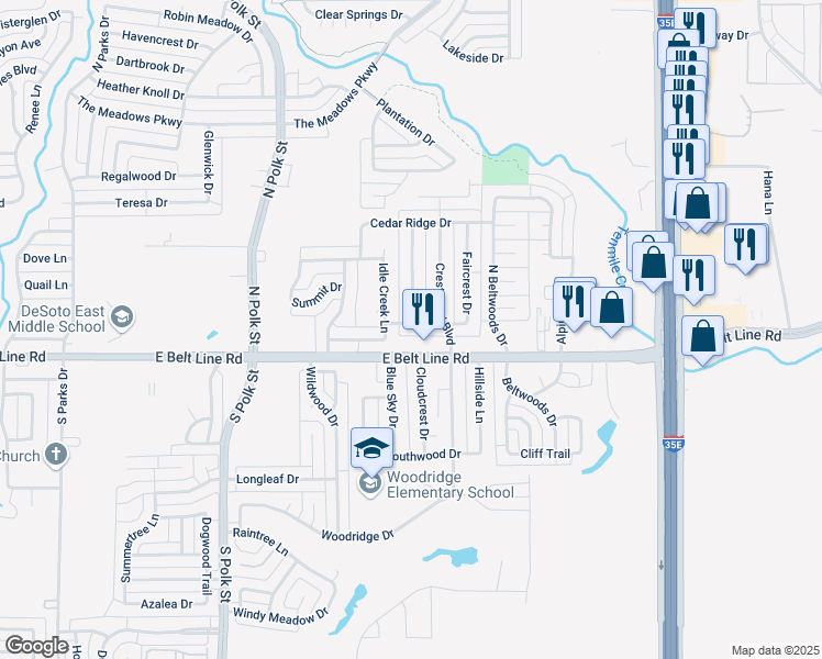 map of restaurants, bars, coffee shops, grocery stores, and more near 1004 Hillcrest Drive in DeSoto