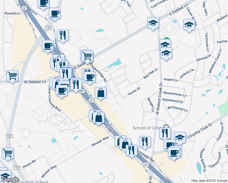 map of restaurants, bars, coffee shops, grocery stores, and more near 1403 Whispering Water Lane in Mansfield
