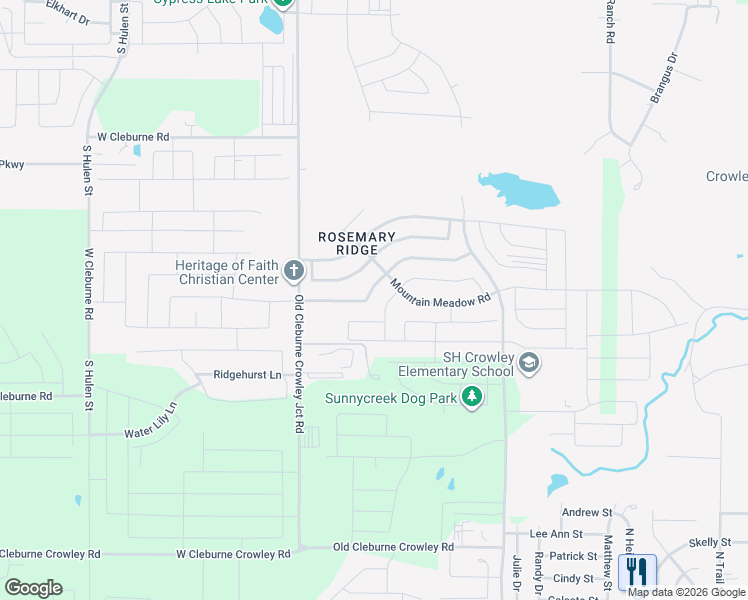map of restaurants, bars, coffee shops, grocery stores, and more near 4301 Old Timber Lane in Crowley