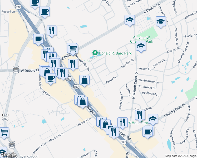 map of restaurants, bars, coffee shops, grocery stores, and more near 1403 Whispering Water Lane in Mansfield