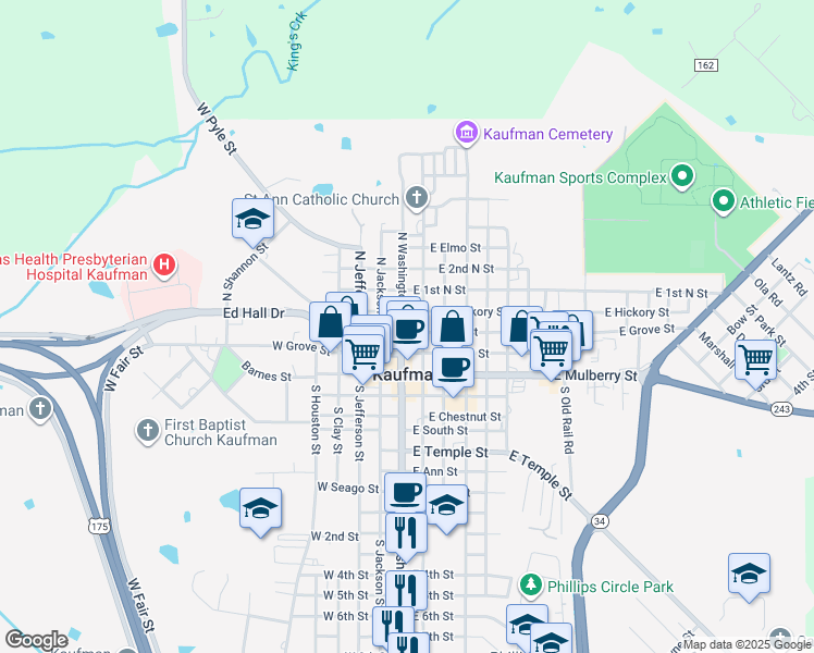 map of restaurants, bars, coffee shops, grocery stores, and more near in Kaufman