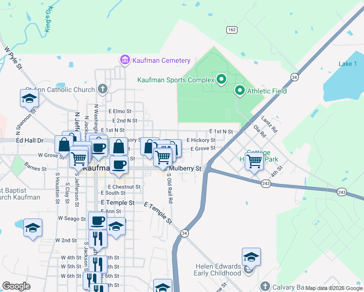 map of restaurants, bars, coffee shops, grocery stores, and more near 1003 East Grove Street in Kaufman