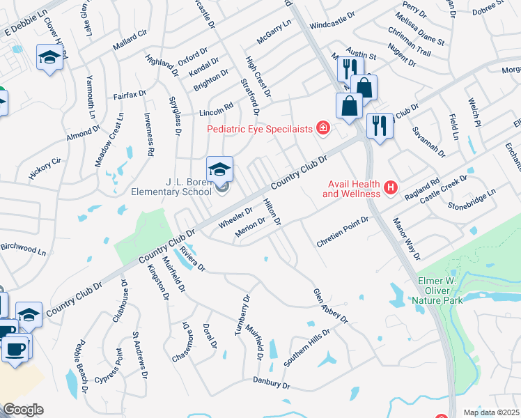 map of restaurants, bars, coffee shops, grocery stores, and more near 1416 Wheeler Drive in Mansfield