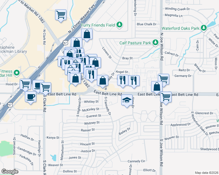 map of restaurants, bars, coffee shops, grocery stores, and more near 501 East Belt Line Road in Cedar Hill