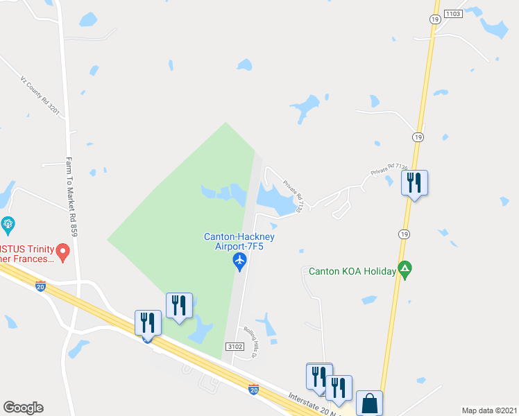 map of restaurants, bars, coffee shops, grocery stores, and more near 17770 Interstate 20 Frontage Road in Canton