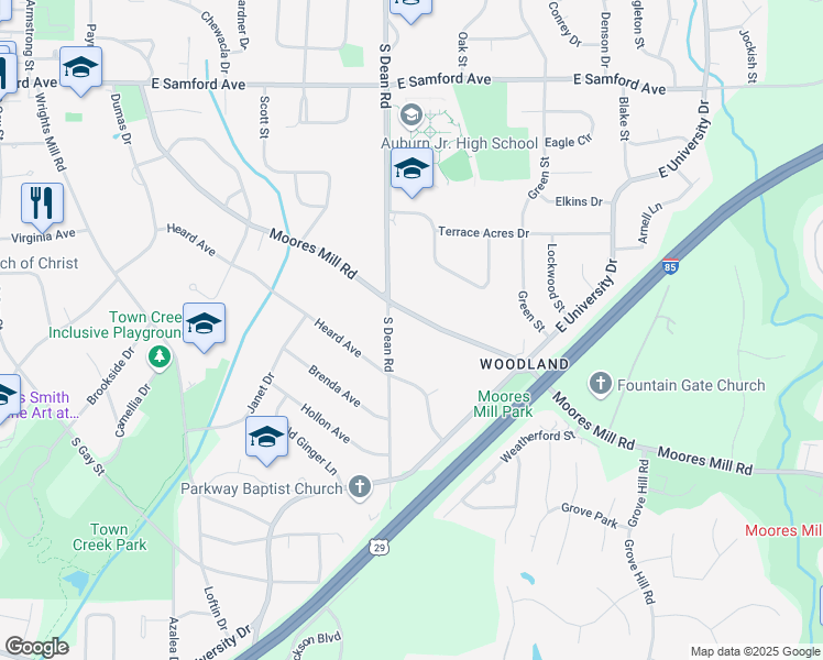 map of restaurants, bars, coffee shops, grocery stores, and more near 816 Moores Mill Road in Auburn
