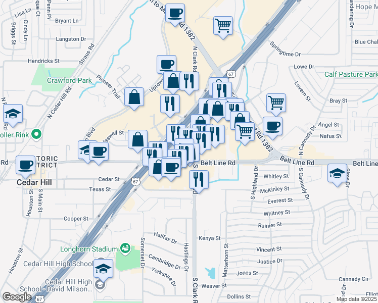 map of restaurants, bars, coffee shops, grocery stores, and more near 115 West Belt Line Road in Cedar Hill