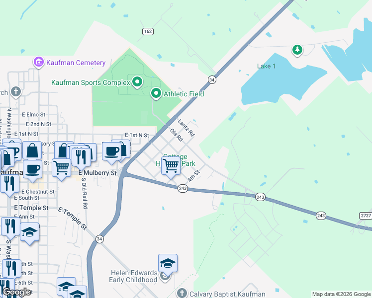 map of restaurants, bars, coffee shops, grocery stores, and more near 1700 Ola Road in Kaufman