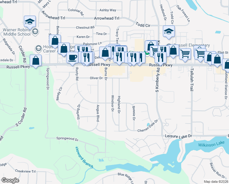 map of restaurants, bars, coffee shops, grocery stores, and more near 115 Windsor Drive in Warner Robins