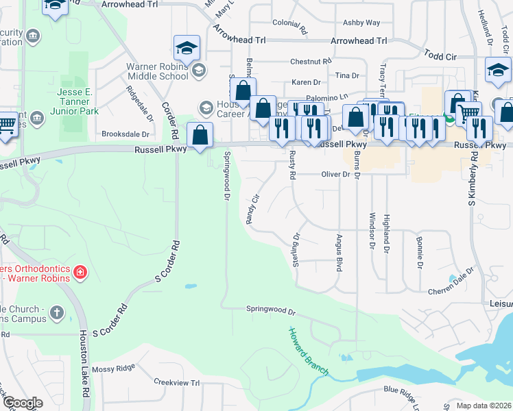 map of restaurants, bars, coffee shops, grocery stores, and more near 225 Randy Circle in Warner Robins
