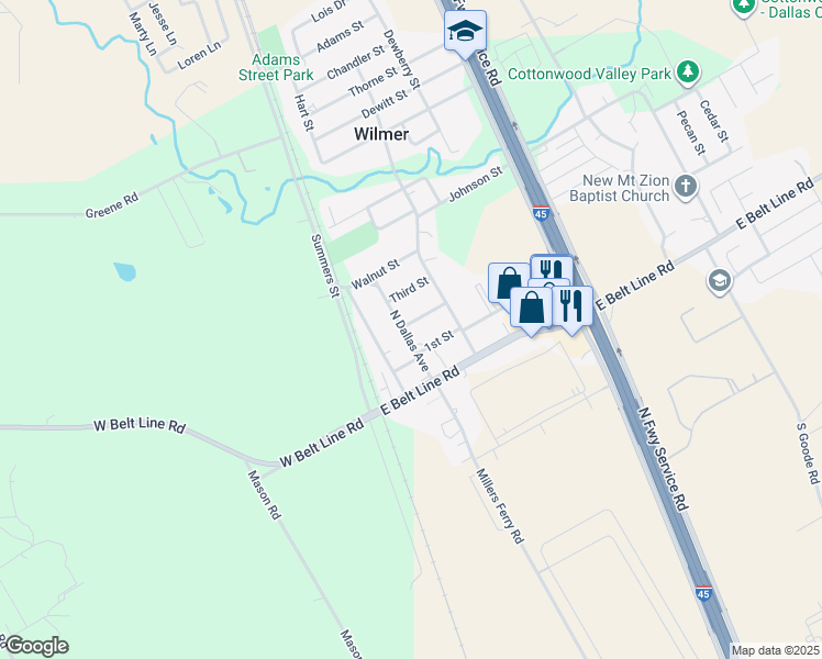 map of restaurants, bars, coffee shops, grocery stores, and more near 215 1st Street in Wilmer