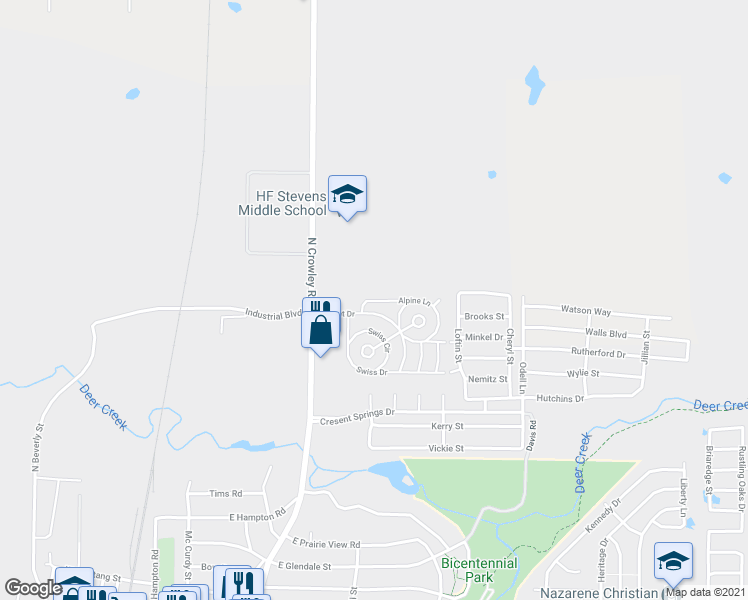 map of restaurants, bars, coffee shops, grocery stores, and more near 337 Alpine Lane in Crowley