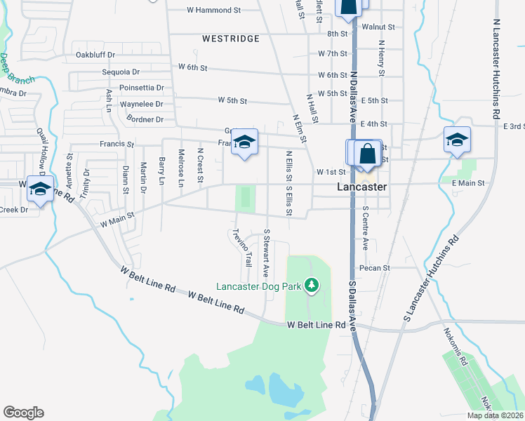 map of restaurants, bars, coffee shops, grocery stores, and more near 502 West Redbud Lane in Lancaster