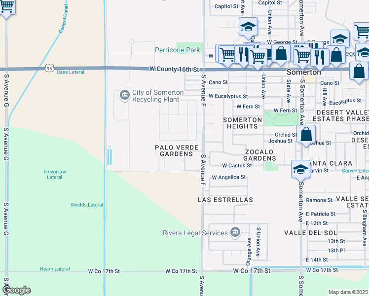 map of restaurants, bars, coffee shops, grocery stores, and more near 1044 West Yucca Street in Somerton