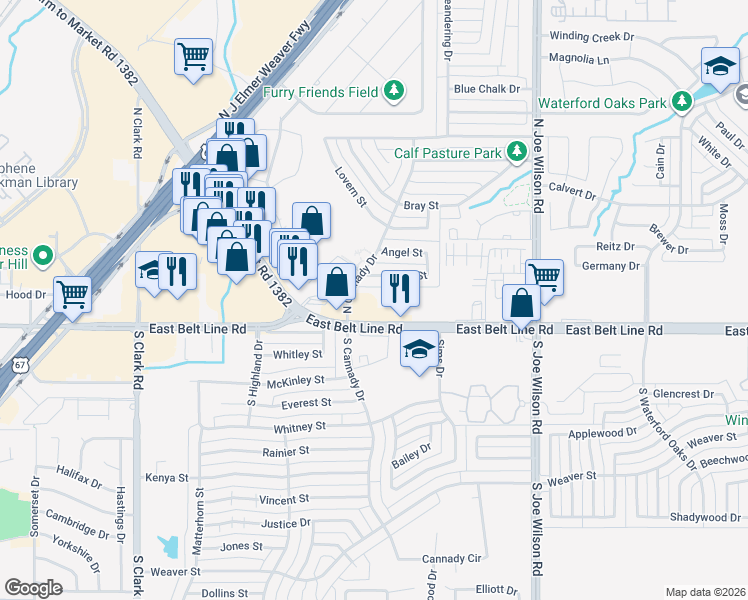 map of restaurants, bars, coffee shops, grocery stores, and more near 501 East Belt Line Road in Cedar Hill