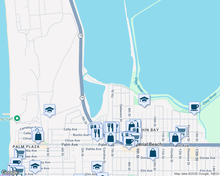 map of restaurants, bars, coffee shops, grocery stores, and more near 378 7th Street in Imperial Beach