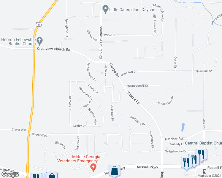 map of restaurants, bars, coffee shops, grocery stores, and more near 500 Quail Run Drive in Warner Robins