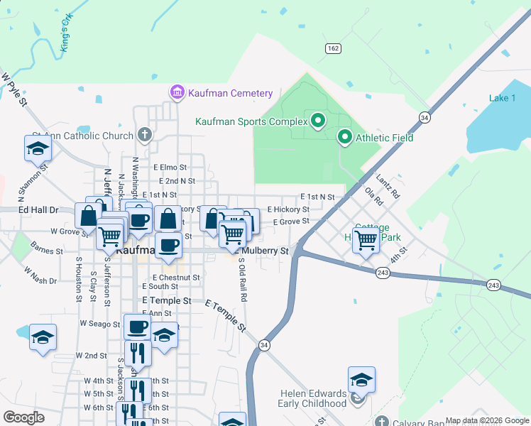 map of restaurants, bars, coffee shops, grocery stores, and more near 1003 East Grove Street in Kaufman