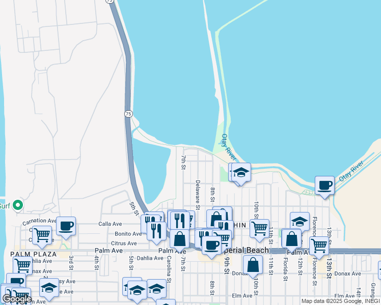 map of restaurants, bars, coffee shops, grocery stores, and more near 394 Delaware Street in Imperial Beach