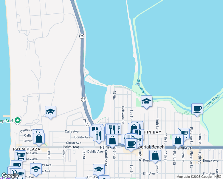 map of restaurants, bars, coffee shops, grocery stores, and more near 378 7th Street in Imperial Beach