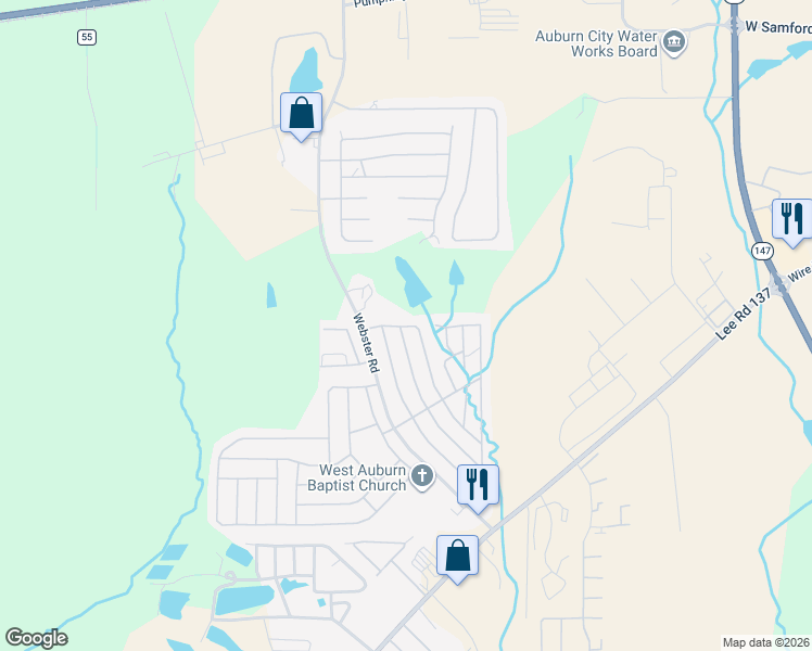 map of restaurants, bars, coffee shops, grocery stores, and more near 501 Webster Road in Auburn