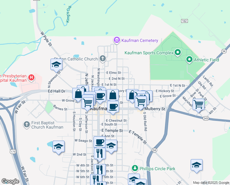 map of restaurants, bars, coffee shops, grocery stores, and more near 207 East Oak Street in Kaufman