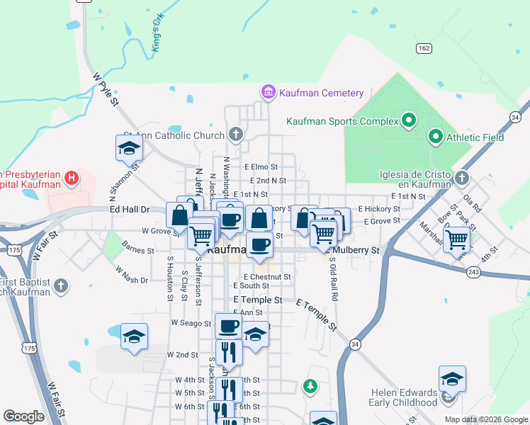 map of restaurants, bars, coffee shops, grocery stores, and more near 304 East Hickory Street in Kaufman