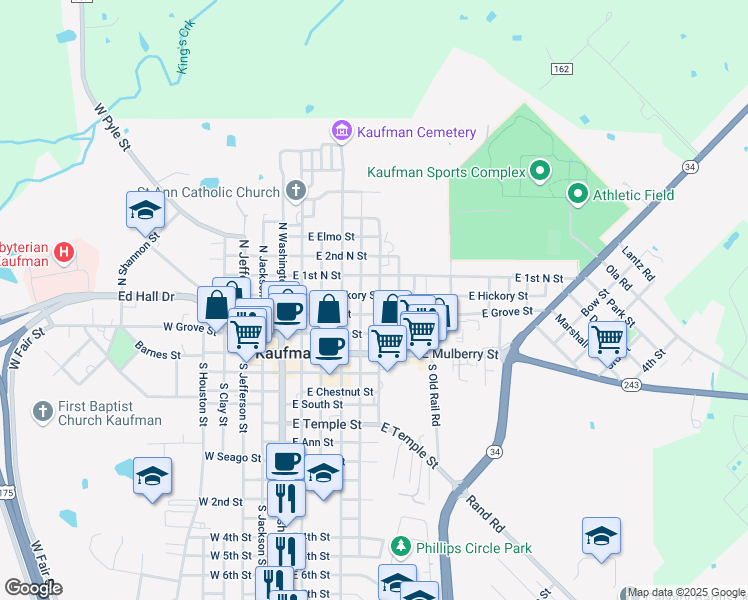 map of restaurants, bars, coffee shops, grocery stores, and more near 208 North Nash Street in Kaufman