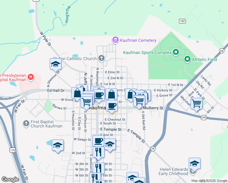 map of restaurants, bars, coffee shops, grocery stores, and more near 405 East Oak Street in Kaufman