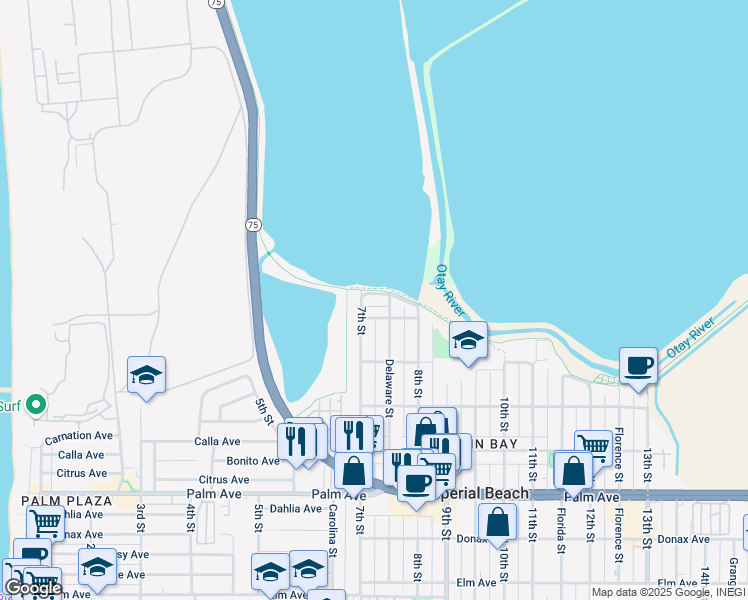 map of restaurants, bars, coffee shops, grocery stores, and more near 394 Delaware Street in Imperial Beach