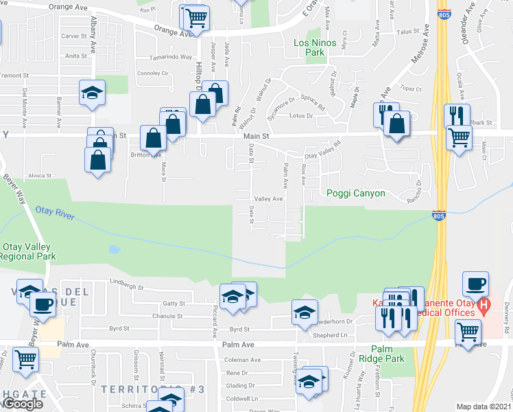 map of restaurants, bars, coffee shops, grocery stores, and more near 345 Date Street in Chula Vista