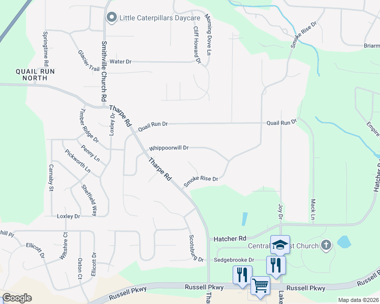 map of restaurants, bars, coffee shops, grocery stores, and more near 104 Dove Court in Warner Robins