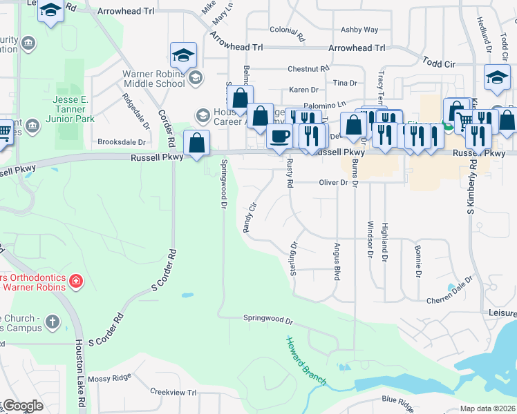 map of restaurants, bars, coffee shops, grocery stores, and more near 219 Randy Circle in Warner Robins