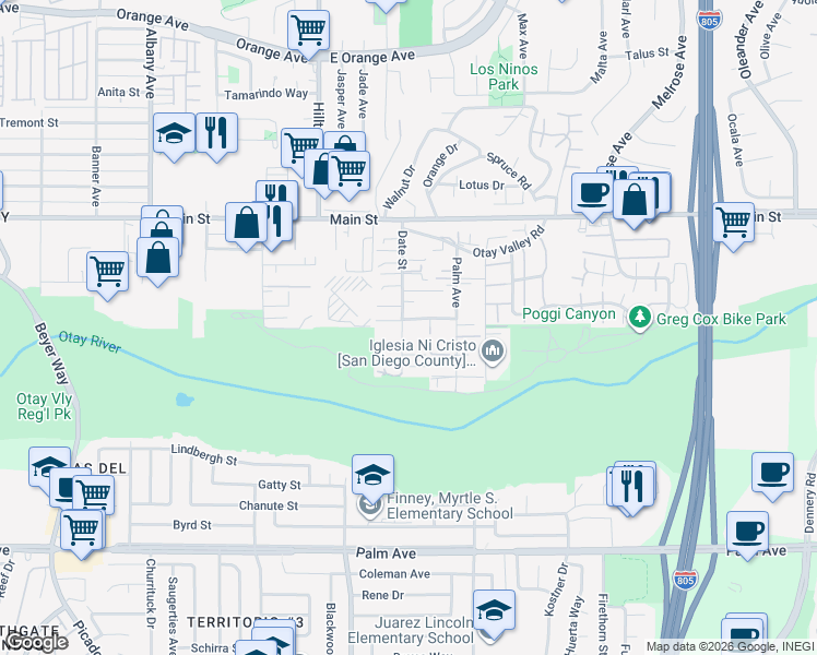 map of restaurants, bars, coffee shops, grocery stores, and more near 345 Date Street in Chula Vista