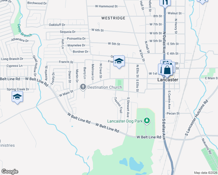 map of restaurants, bars, coffee shops, grocery stores, and more near 601 West Redbud Lane in Lancaster