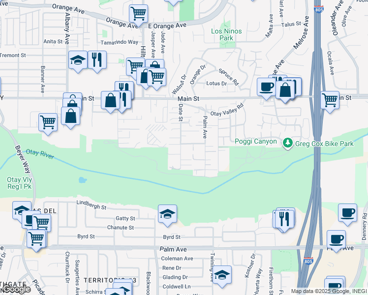 map of restaurants, bars, coffee shops, grocery stores, and more near 345 Date Street in Chula Vista