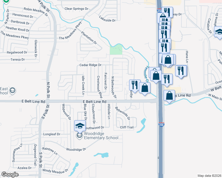 map of restaurants, bars, coffee shops, grocery stores, and more near 117 North Beltwoods Drive in DeSoto