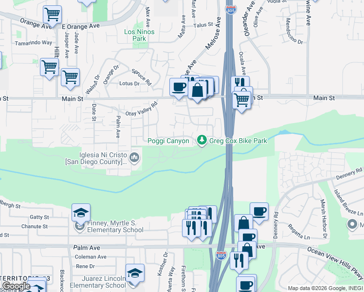 map of restaurants, bars, coffee shops, grocery stores, and more near 260 Rancho Drive in Chula Vista