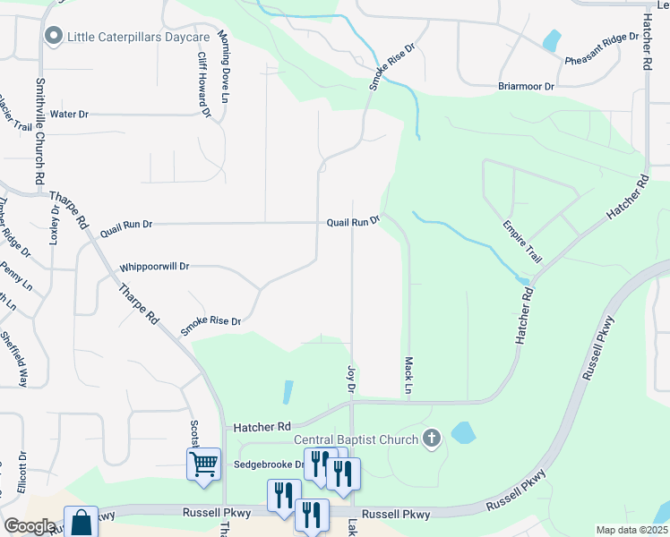 map of restaurants, bars, coffee shops, grocery stores, and more near 125 Joy Drive in Warner Robins
