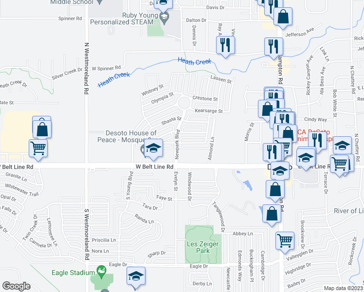 map of restaurants, bars, coffee shops, grocery stores, and more near 444 Castle Street in DeSoto