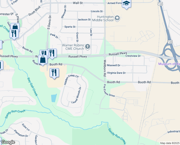 map of restaurants, bars, coffee shops, grocery stores, and more near Booth Road in Warner Robins
