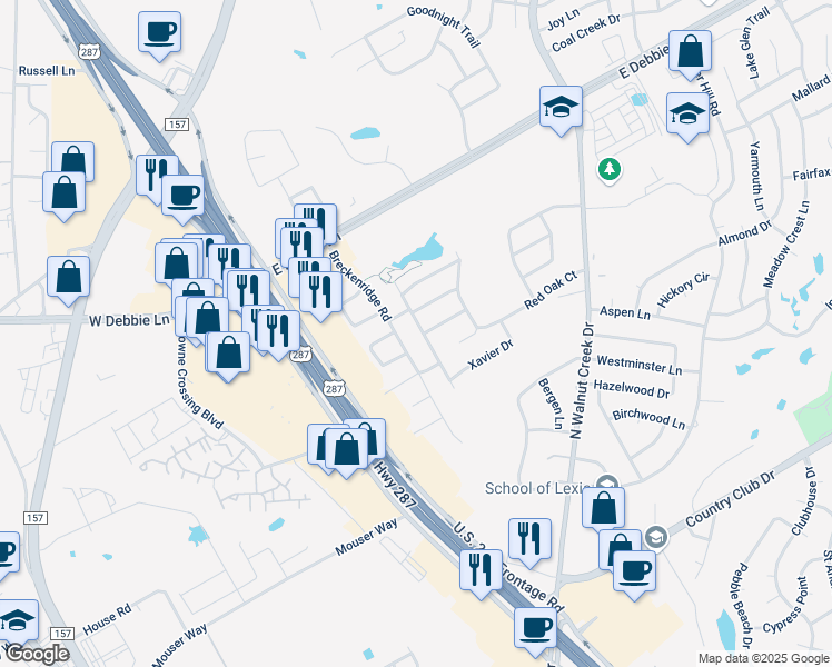 map of restaurants, bars, coffee shops, grocery stores, and more near 802 Auburndale Drive in Mansfield